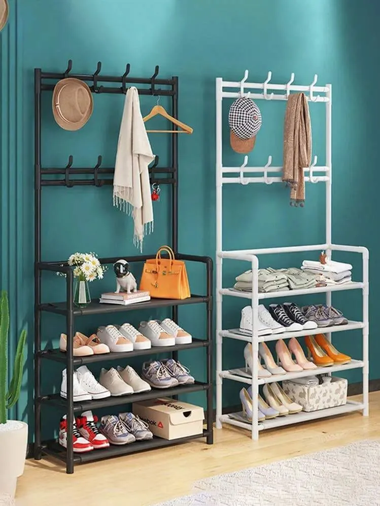 4-Tier Metal Coat and Shoe Rack - Black