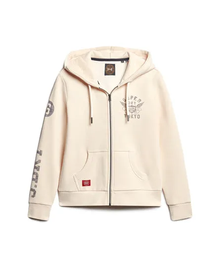 Athletic College Zip Up Hoodie - Oatmeal Beige