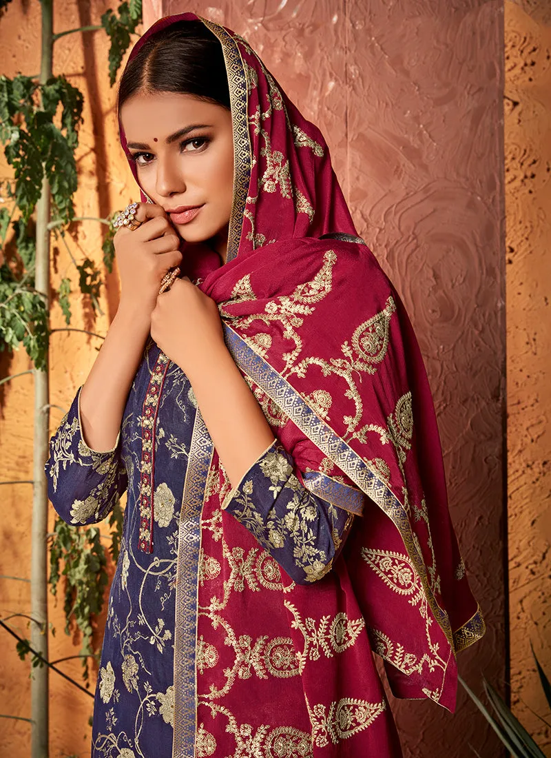 Blue And Red Traditional Sequence Embroidery Palazzo Suit