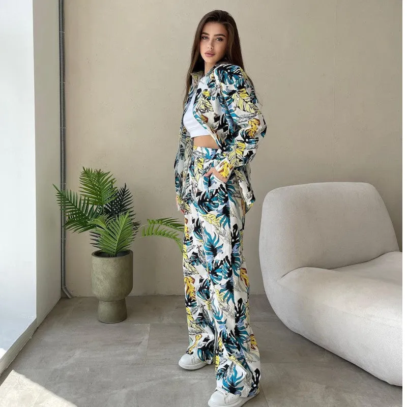 Casual Floral Shirt Wide Leg Pants Set