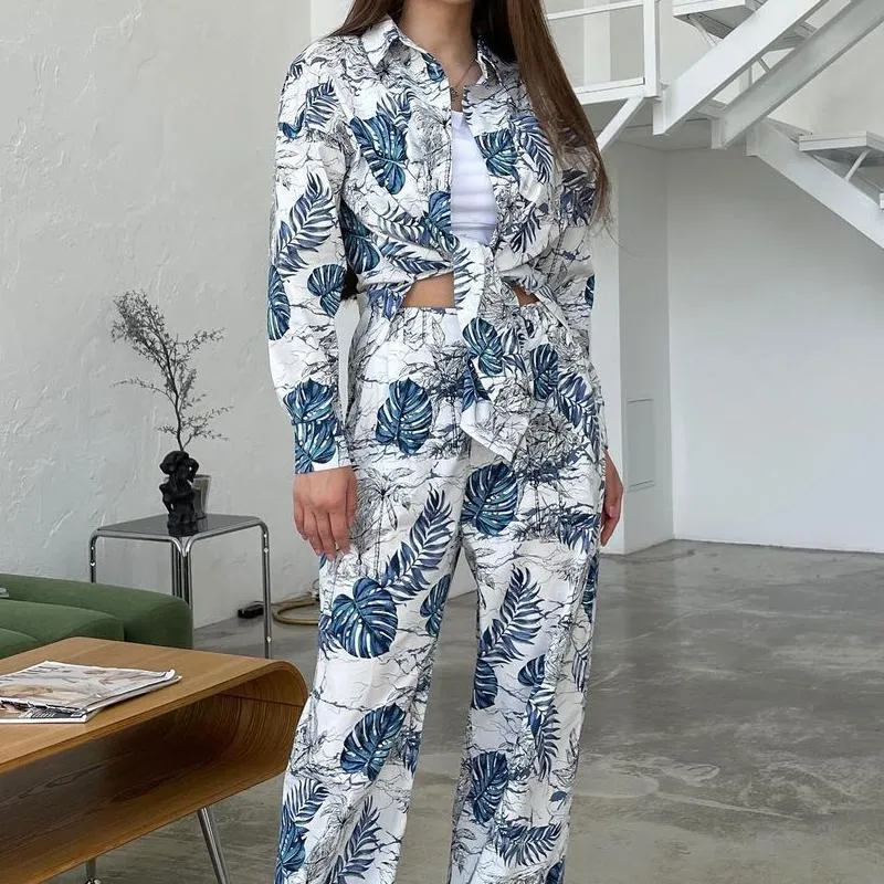 Casual Floral Shirt Wide Leg Pants Set