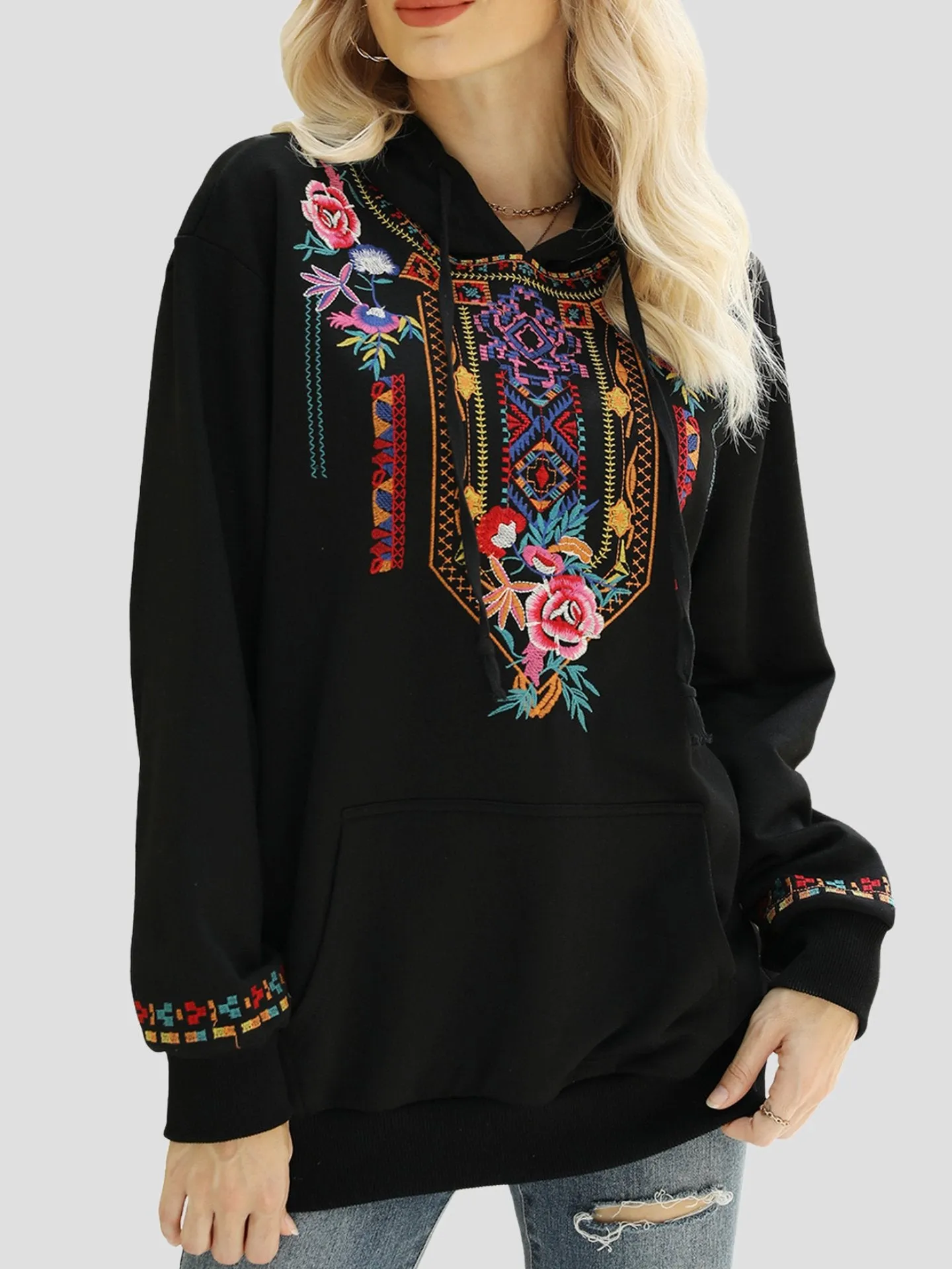 Chic Ethnic Handmade Embroidered Loose-fitting Hoodie