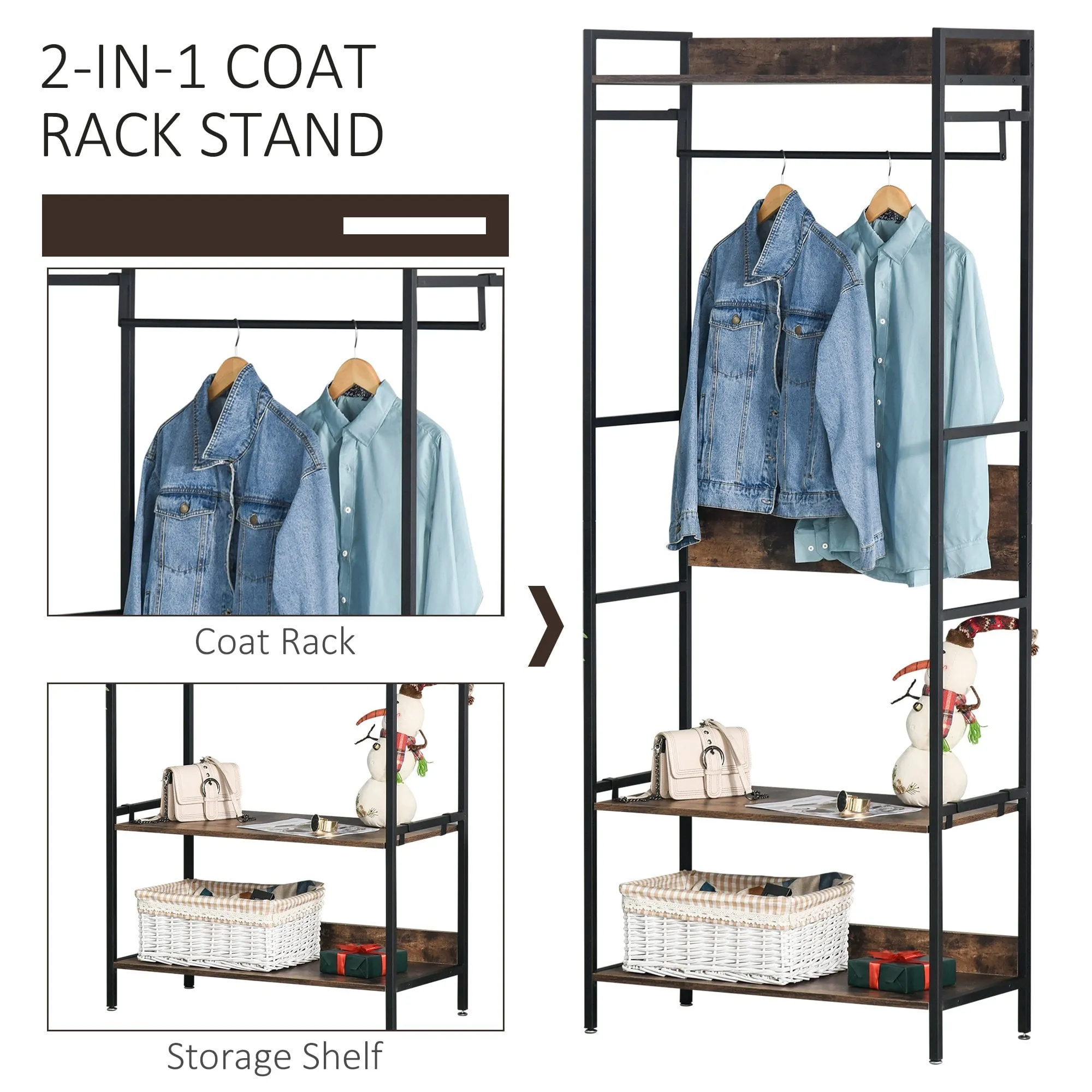 Coat Rack Stand Multi-functional Hall Tree Freestanding Metal Hat Clothes Organizer with Hanging Rod 3 Shelves Adjustable for Bedroom Living Room Entryway 200cm Shelf