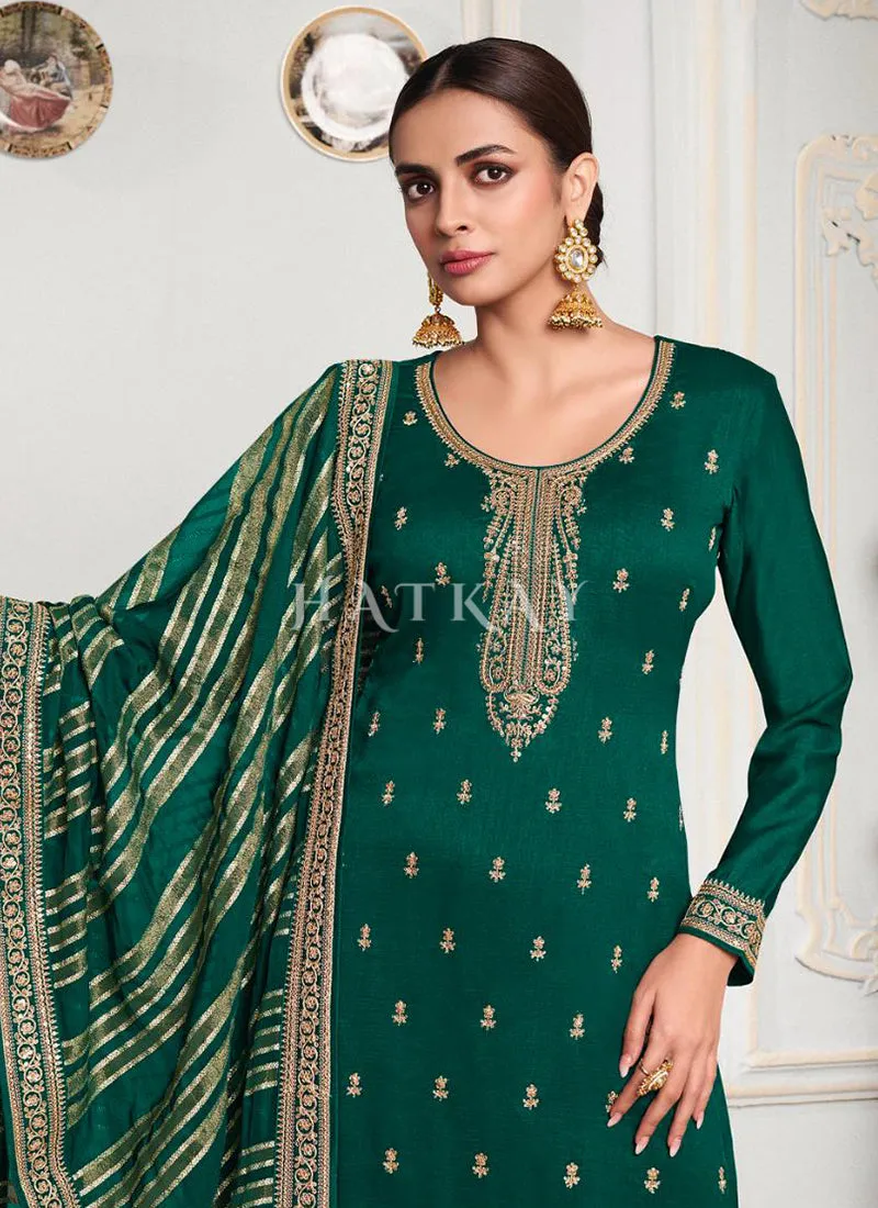 Dark Green Embroidered Palazzo Style Suit