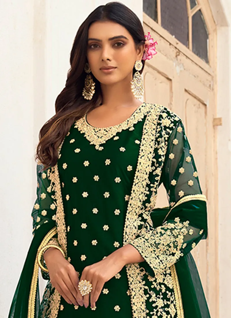 Dark Green Embroidery Pakistani Pant Style Suit