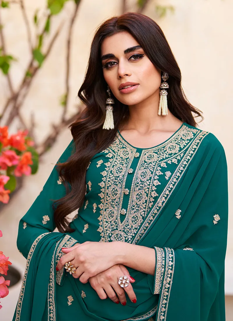 Dark Green Embroidery Traditional Sharara Suit