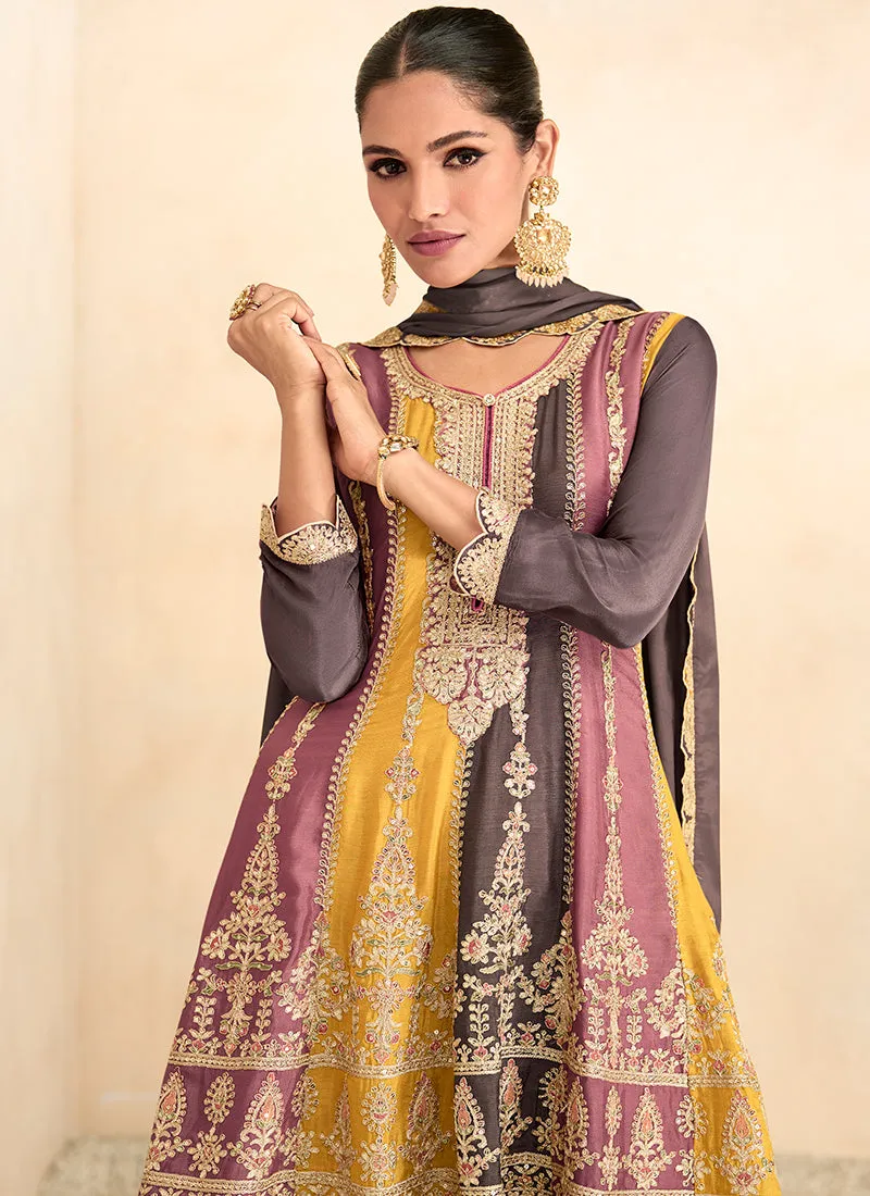 Deep Mauve Sequence Embroidery Anarkali Gharara Suit