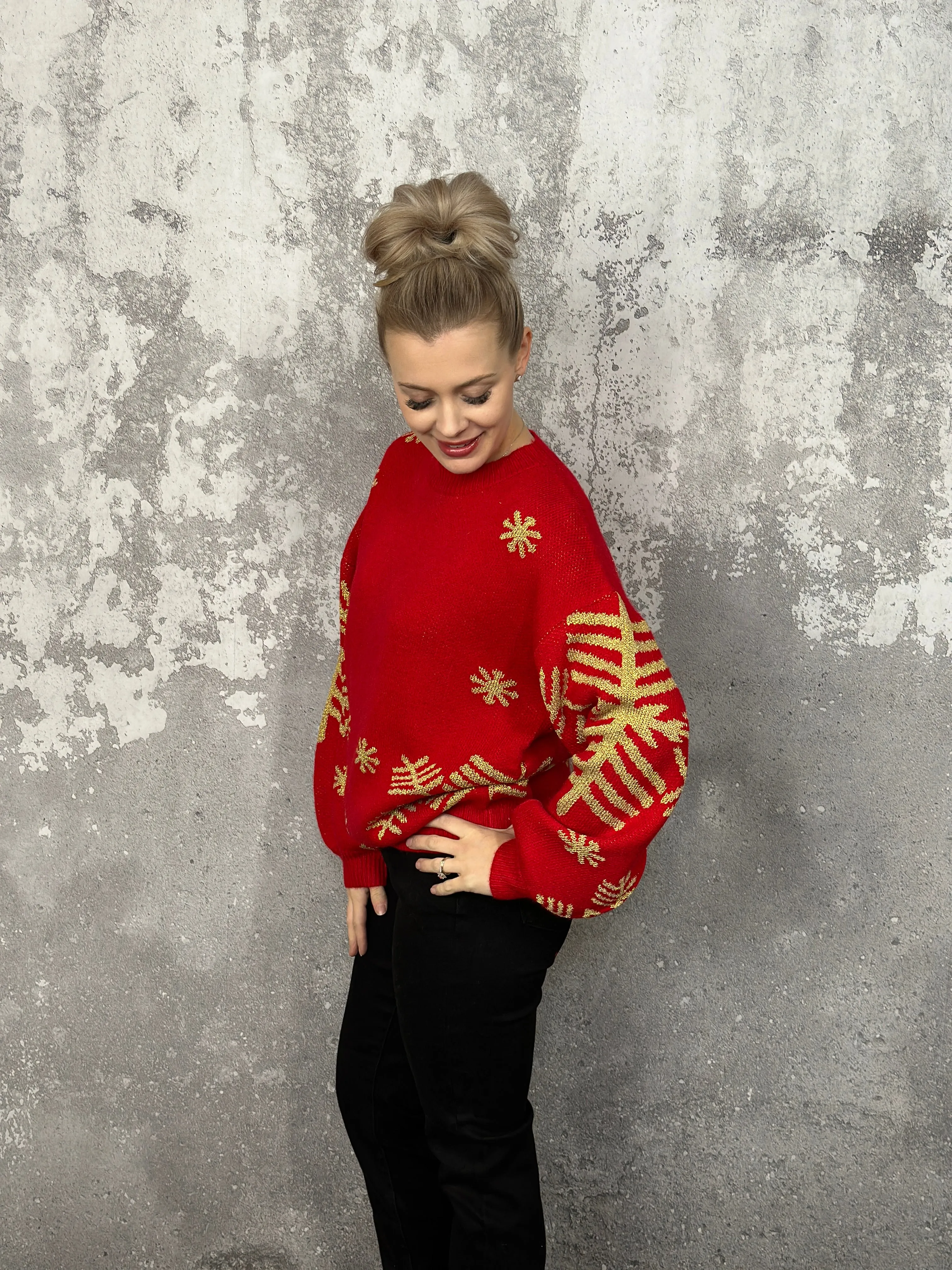 DOORCRASHER - Red Snowfall Metallic Snowflake Sweater (Small - 2X) - FINAL SALE