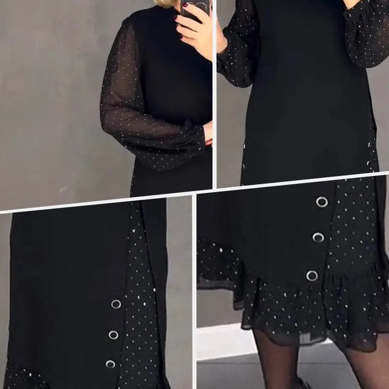 End-of-year clearance sale🎉Women's Round Neck Solid Color Rhinestone Dress