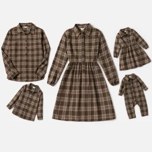 Family Matching Brown Plaid Print Long-sleeve Family Dresses and Shirts Sets