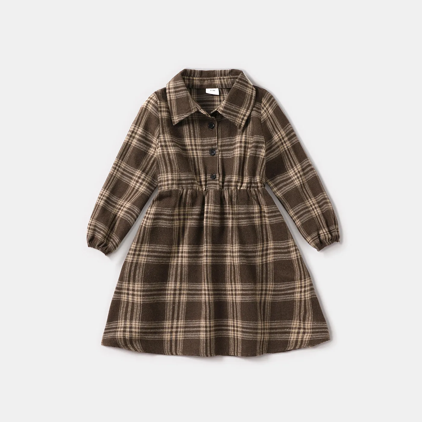 Family Matching Brown Plaid Print Long-sleeve Family Dresses and Shirts Sets