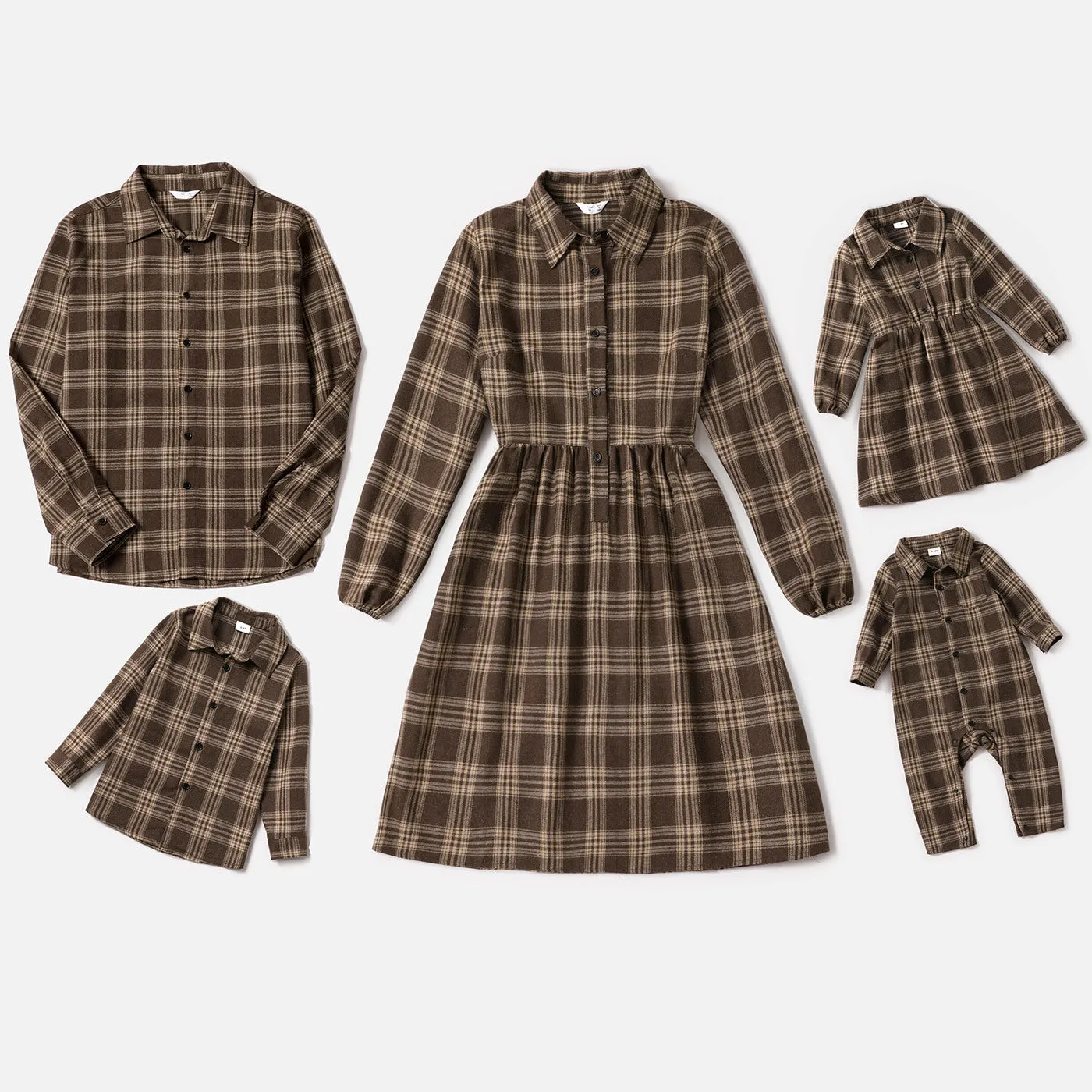 Family Matching Brown Plaid Print Long-sleeve Family Dresses and Shirts Sets