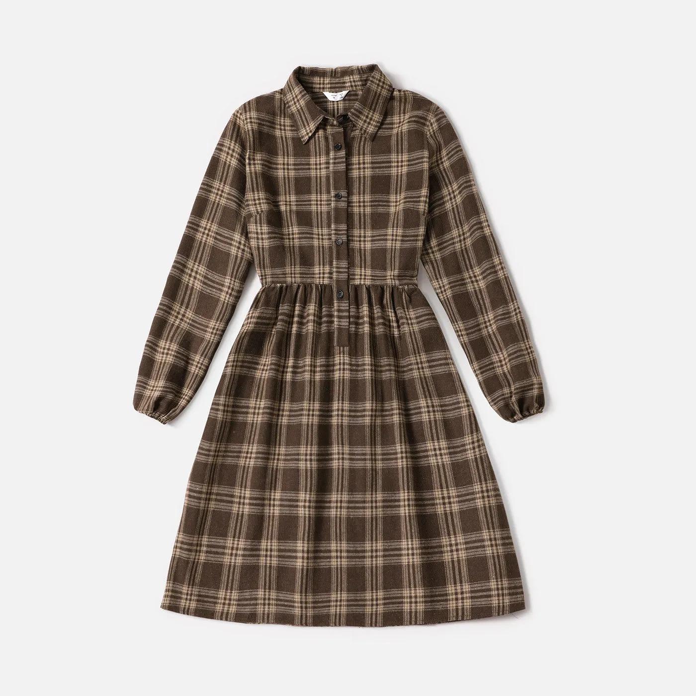 Family Matching Brown Plaid Print Long-sleeve Family Dresses and Shirts Sets