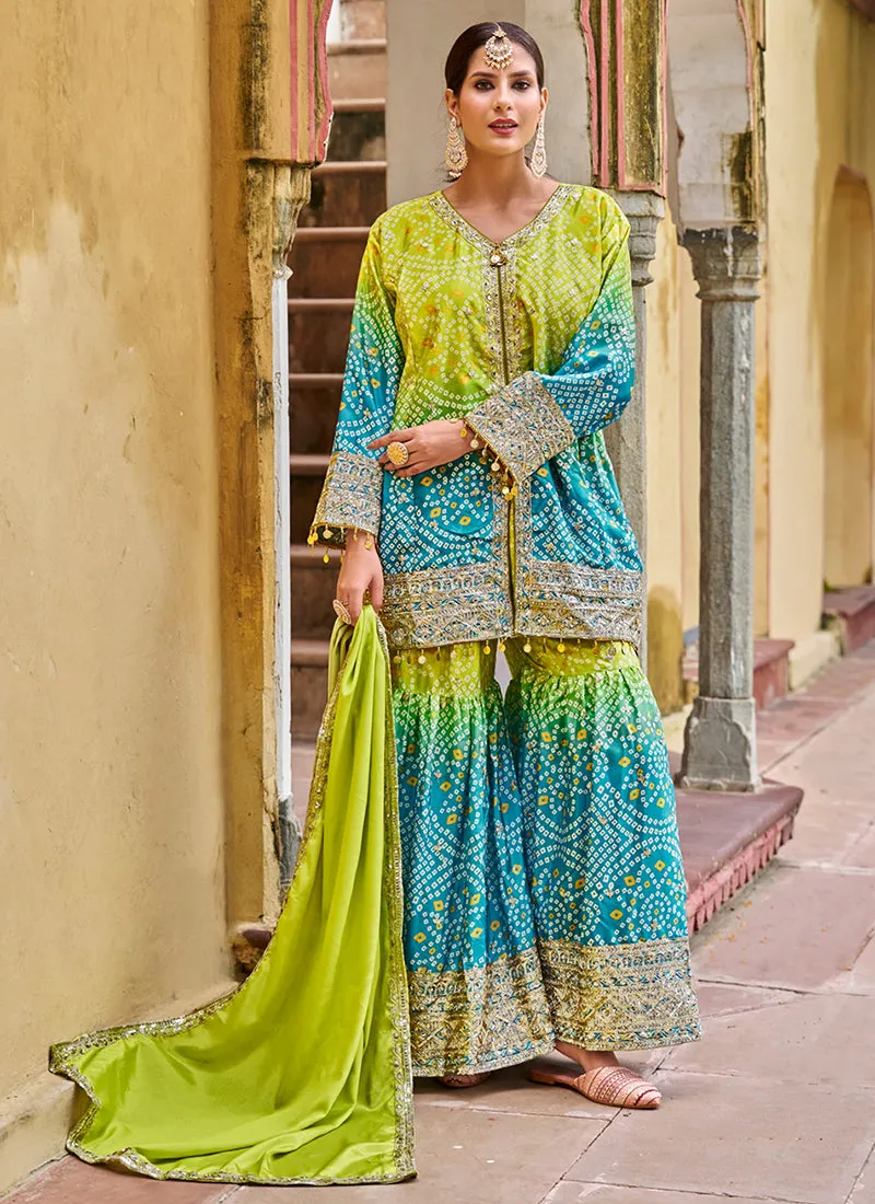 Green Turquoise Ombré Embroidered Sharara Suit