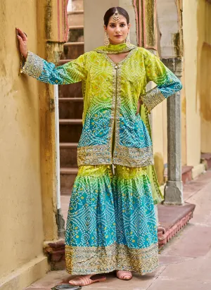 Green Turquoise Ombré Embroidered Sharara Suit