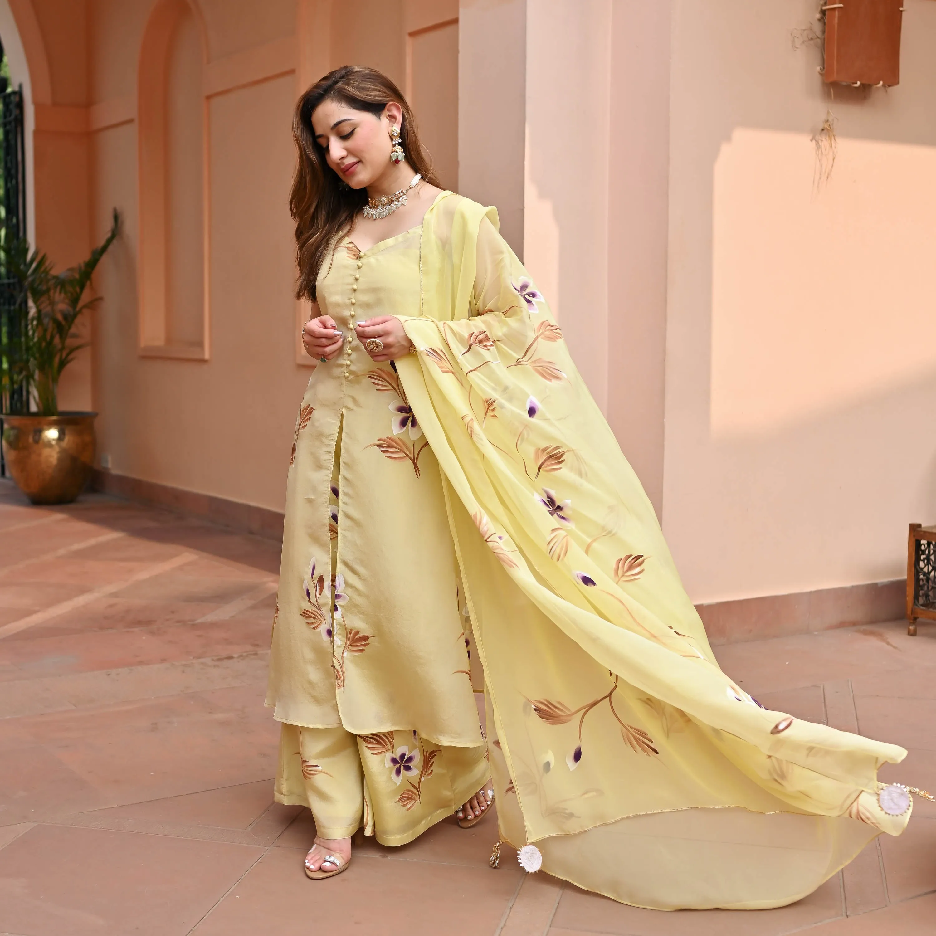 Light Yellow Tissue Silk Suit set