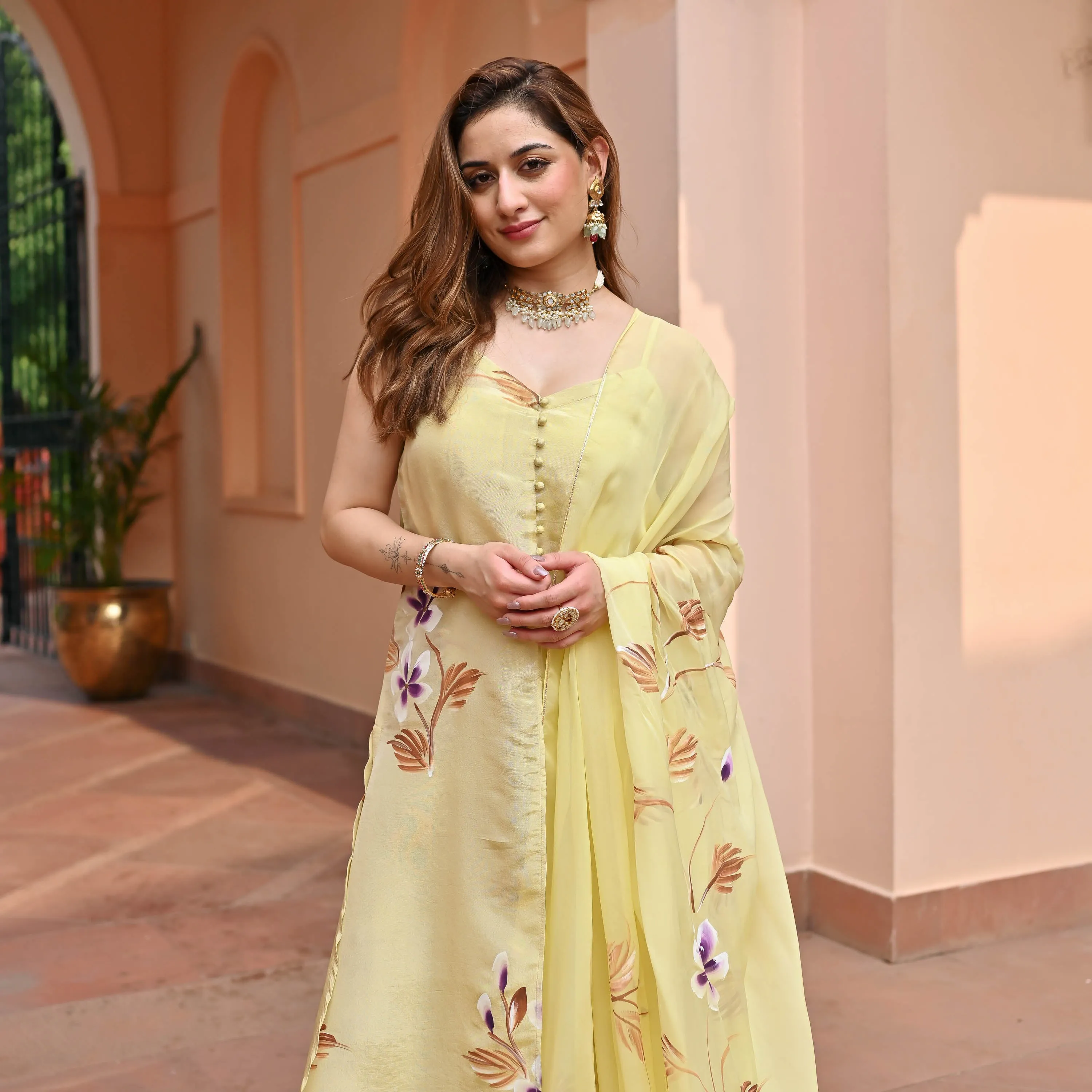 Light Yellow Tissue Silk Suit set