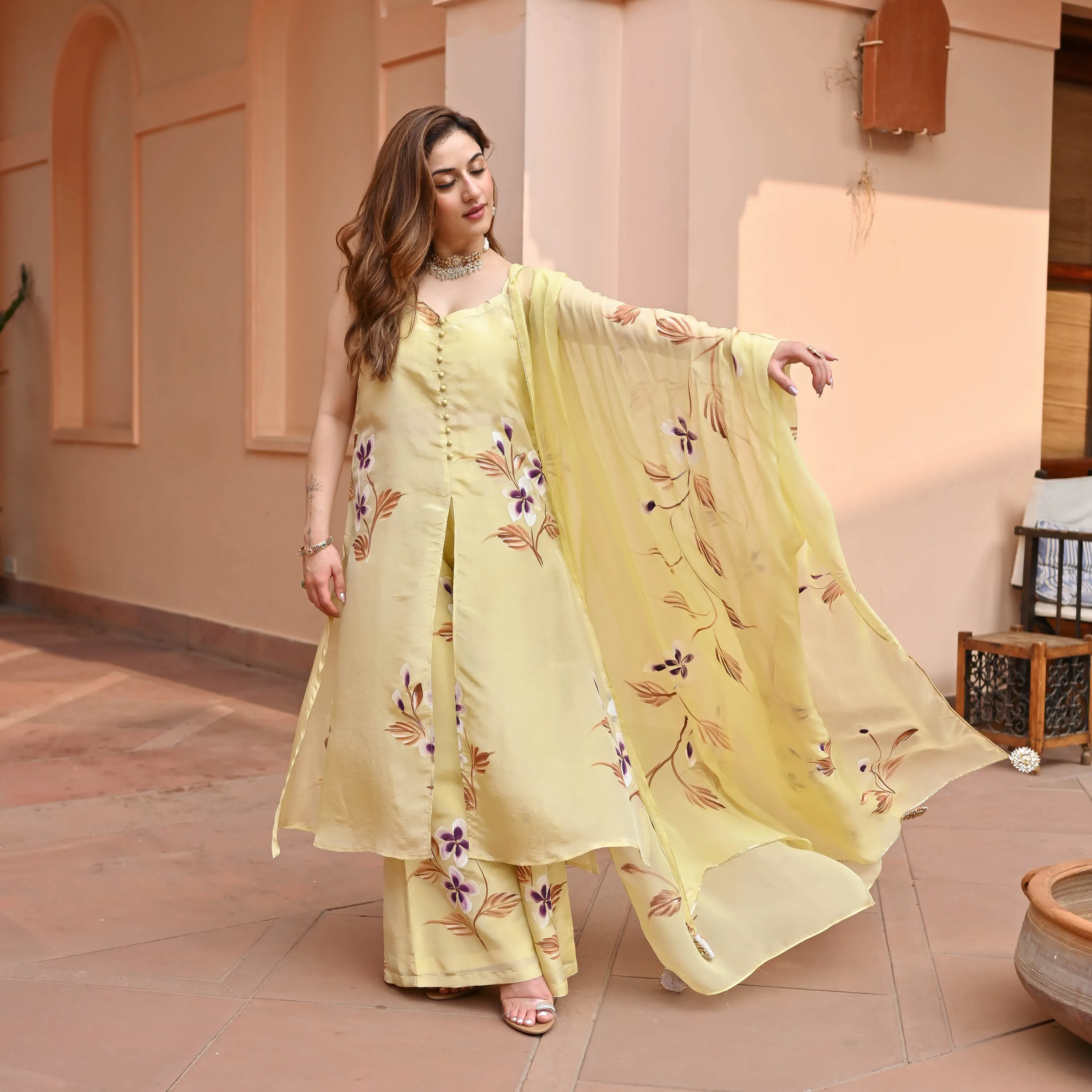 Light Yellow Tissue Silk Suit set