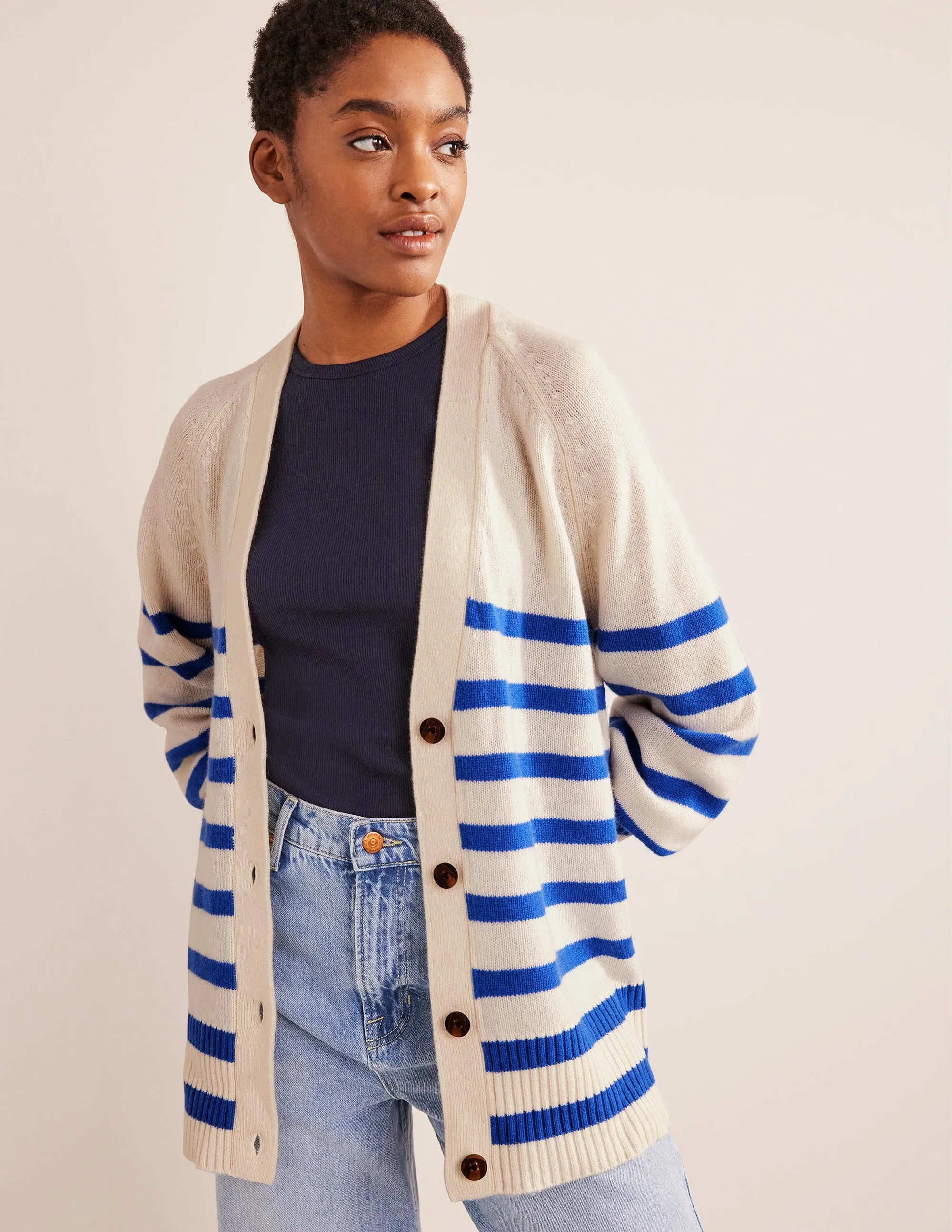 Long Cashmere Cardigan-Ivory, Bright Blue Stripe