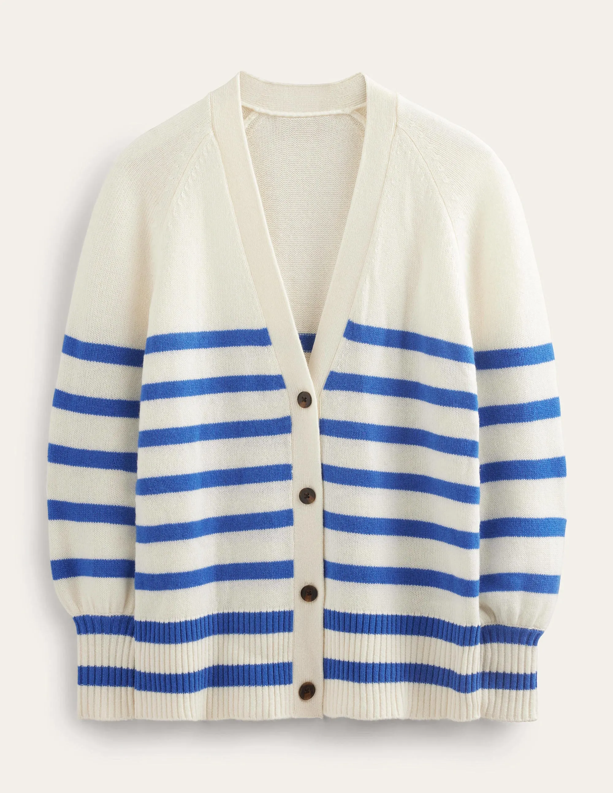 Long Cashmere Cardigan-Ivory, Bright Blue Stripe