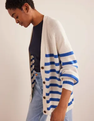 Long Cashmere Cardigan-Ivory, Bright Blue Stripe