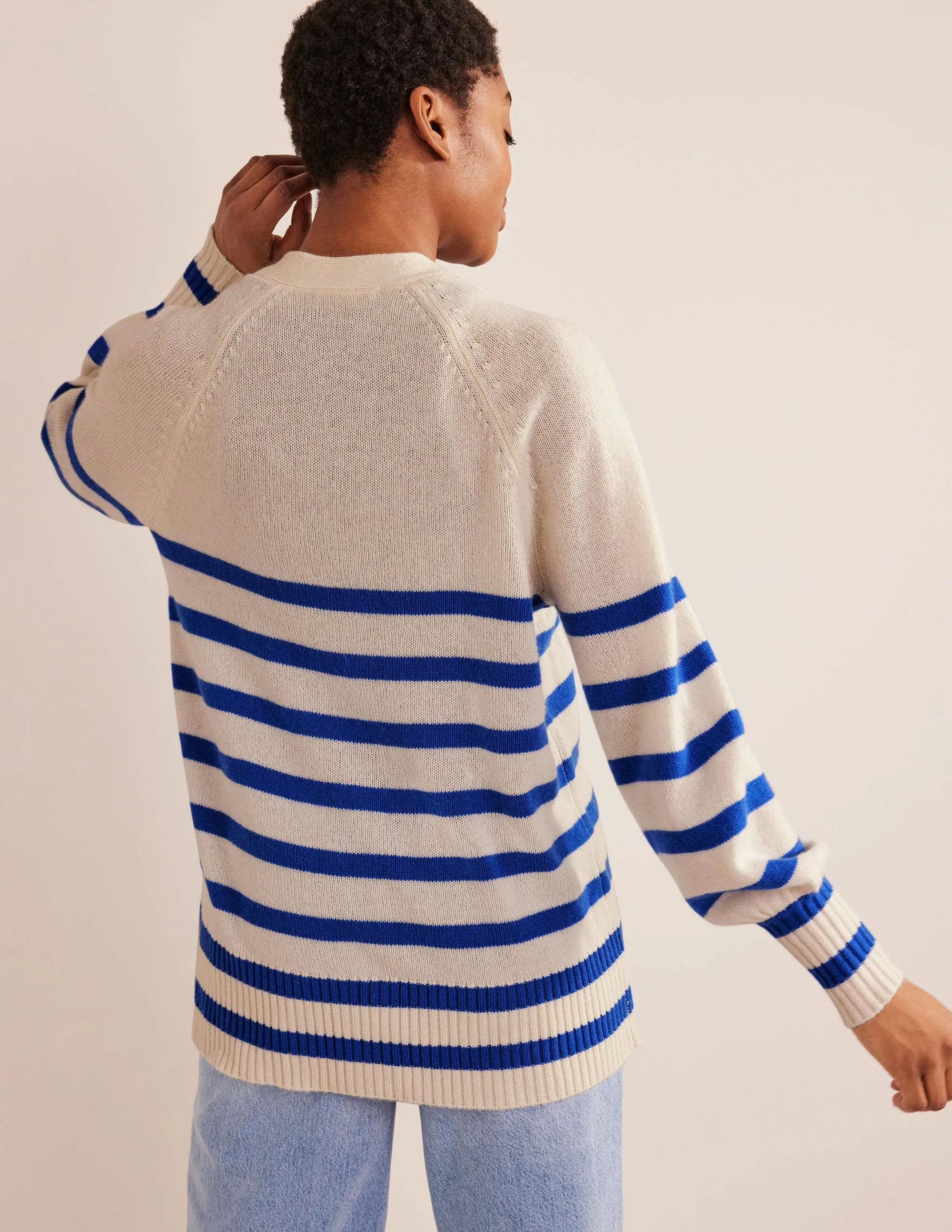 Long Cashmere Cardigan-Ivory, Bright Blue Stripe