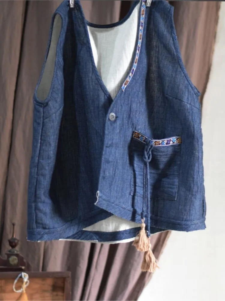 Loose Linen Retro Patchwork Vest