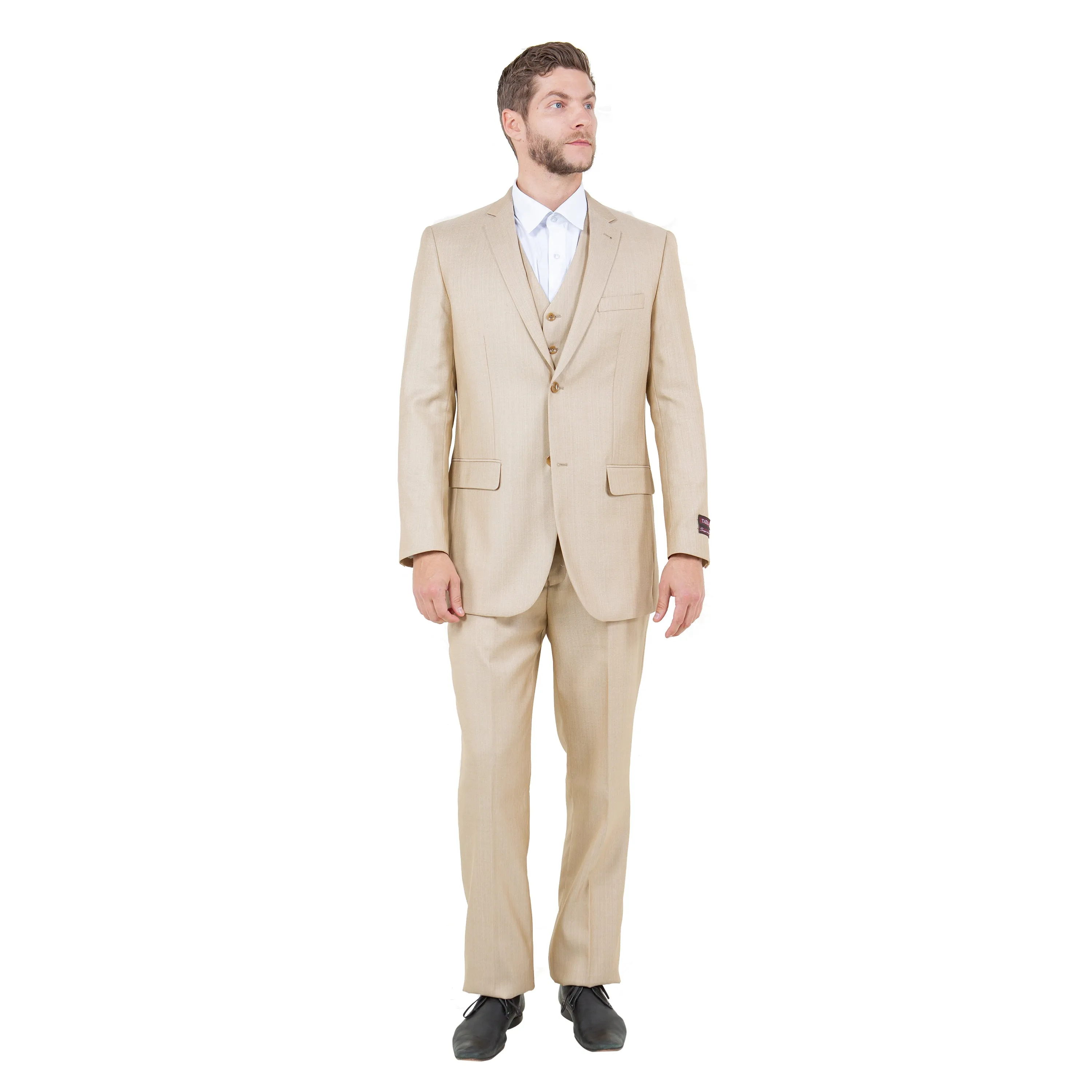 Lt. Beige Solid Shiny Sharkskin 3-PC Regular Modern Fit Suits