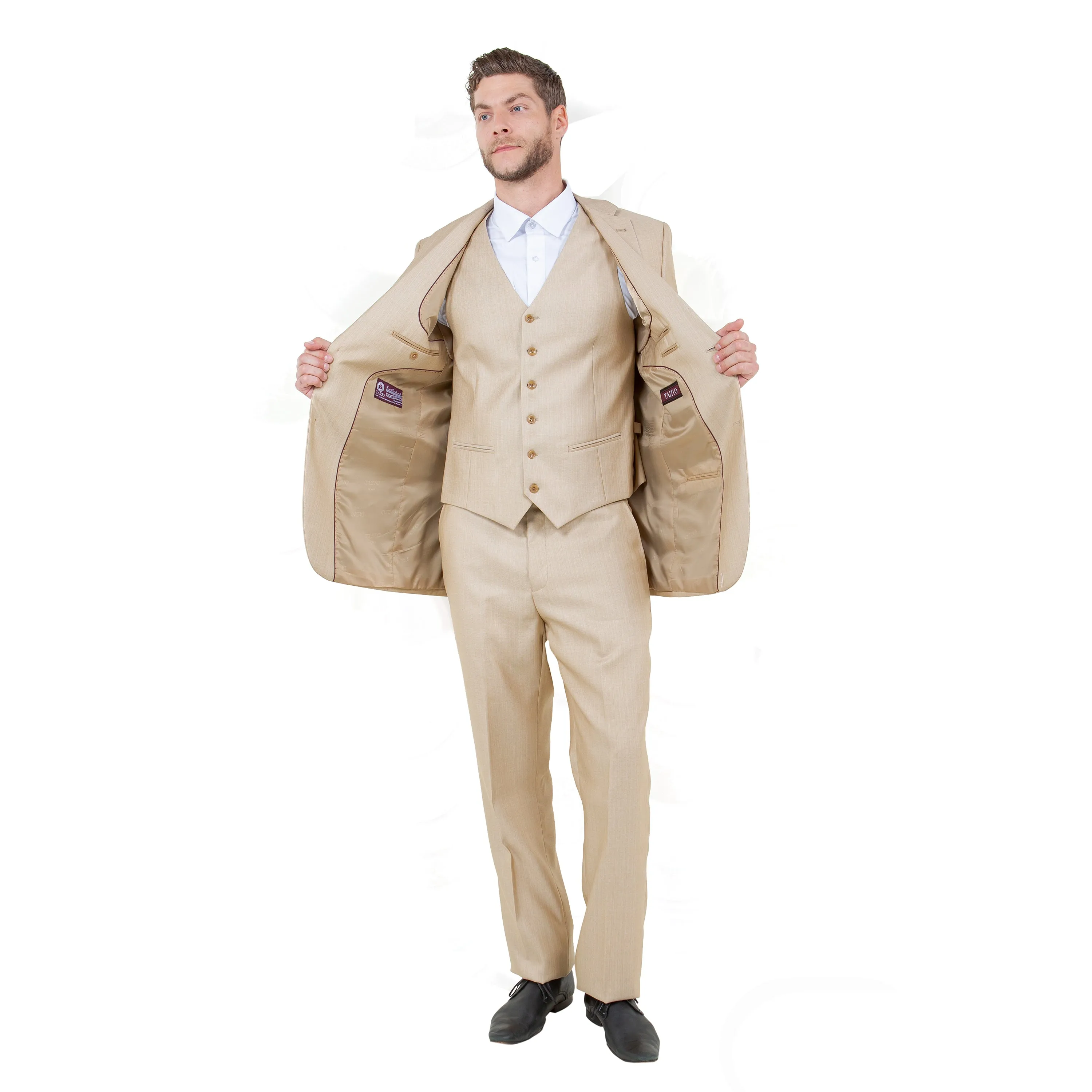 Lt. Beige Solid Shiny Sharkskin 3-PC Regular Modern Fit Suits