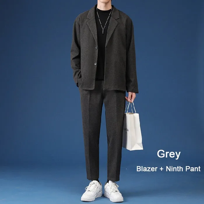 Male Casual Suit Luxury Jackets Blazer Set Streetwear Stylish Korean 2 Pieces Sets with Pants Za 2022 Spring Overcoat &amp; Trousers