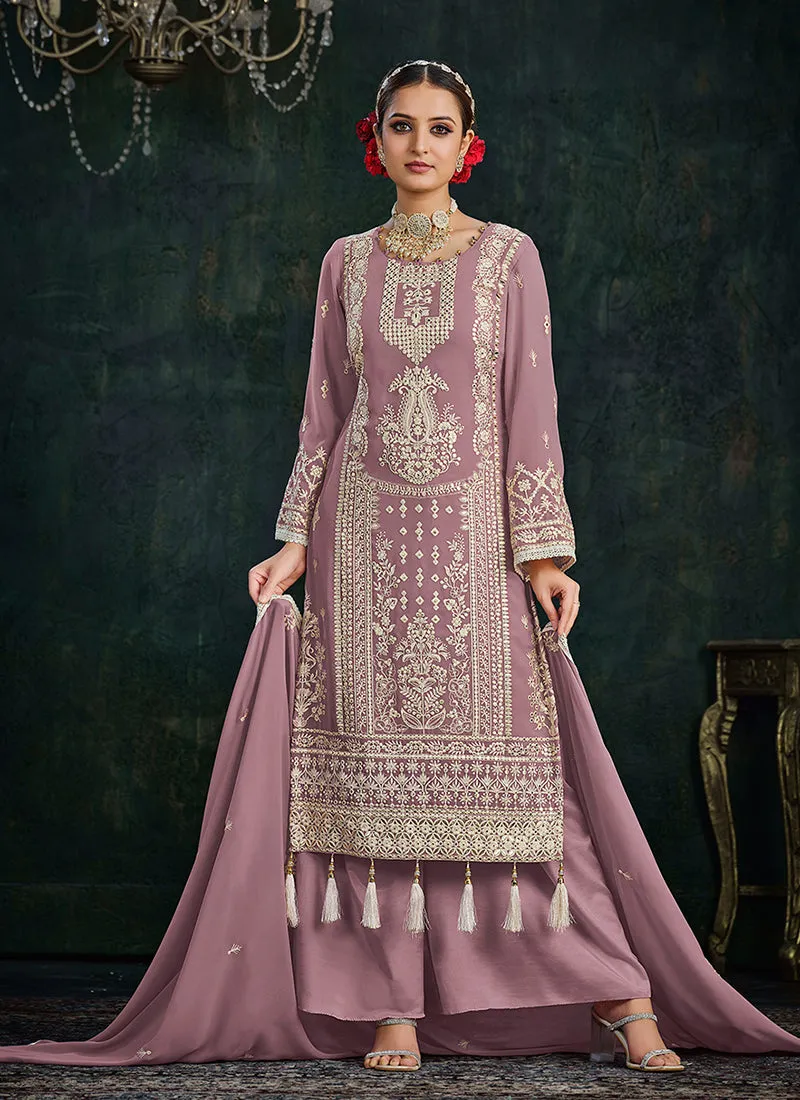 Mauve Purple Embroidery Palazzo Style Suit