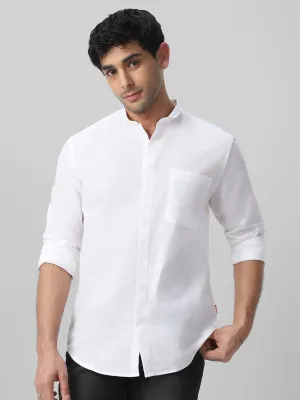 Men's White Cotton Full Sleeve Regular Fit Casual Solid Shirt with Band Collar