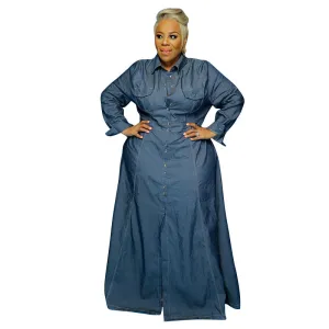 Newest Washing Long Sleeve Individuality Women's Denim Dress Long Coats