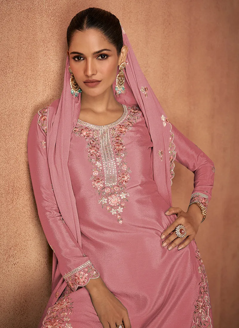 Pink Multi Embroidery Party Wear Sharara Suit