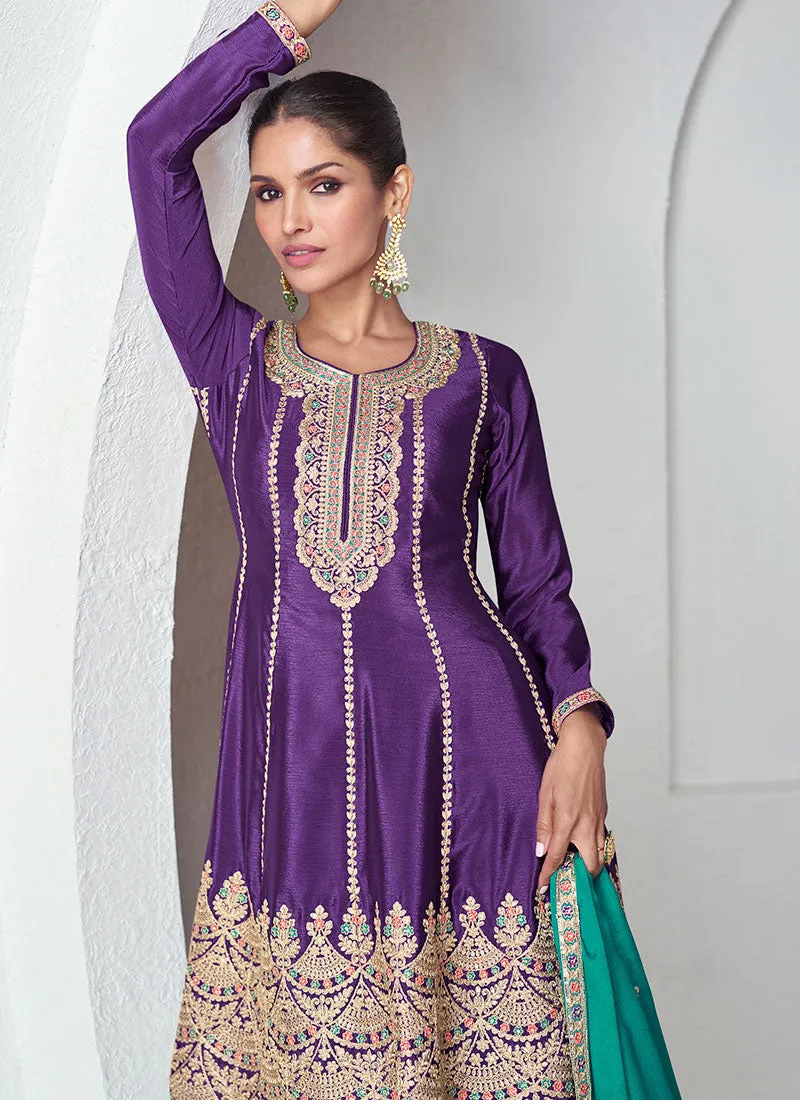 Purple And Green Multi Embroidered Wedding Palazzo Suit