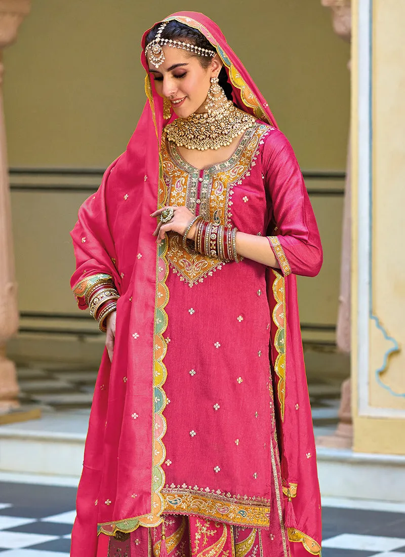 Rani Pink Multi Embroidery Festive Lehenga Kurti