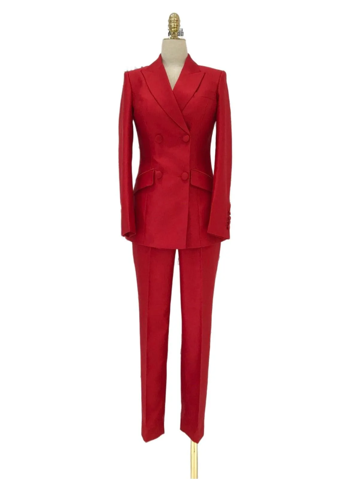 Red 2-Piece Double-Breasted Suit - Women Pant Suit