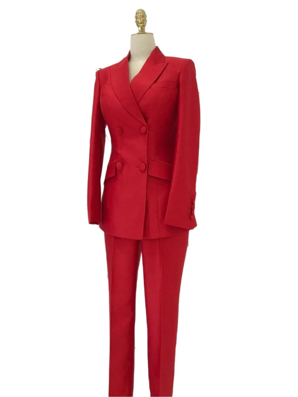 Red 2-Piece Double-Breasted Suit - Women Pant Suit