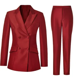 Red 2-Piece Double-Breasted Suit - Women Pant Suit