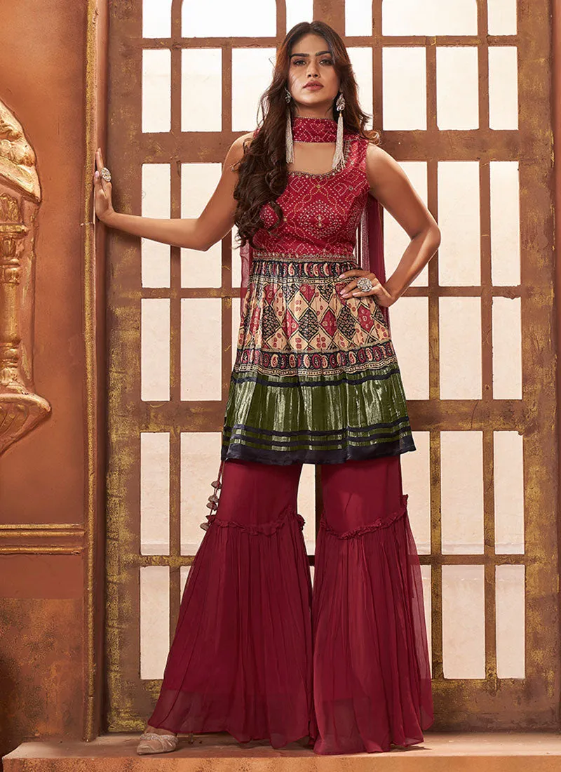 Red Multi Embroidery Traditional Gharara Style Suit