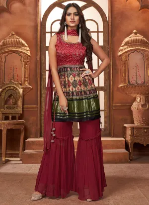 Red Multi Embroidery Traditional Gharara Style Suit