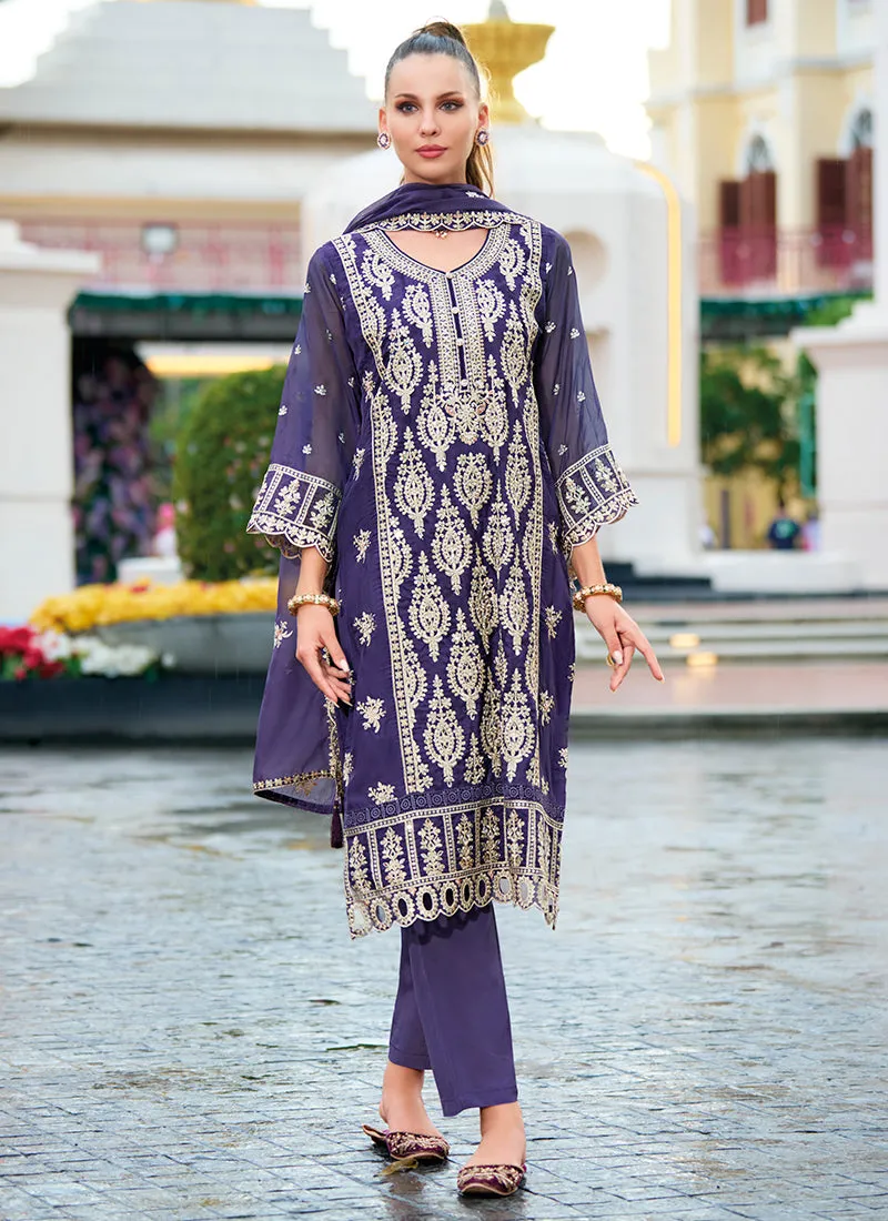 Rich Purple Traditional Embroidery Pakistani Pant Suit