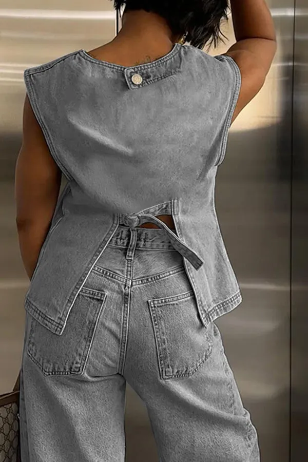 Stylish Distressed Denim Vest & Shorts Set