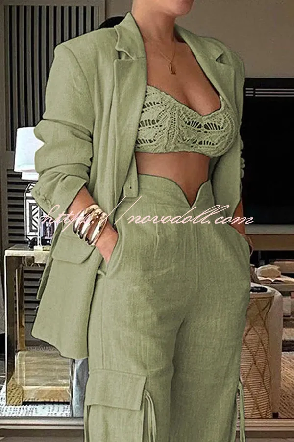 Stylish Lapel Long Sleeve Loose Jacket and Casual Pocket Lace-up Straight Leg Pants Set