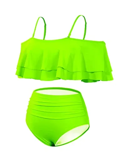 Stylish Off Shoulder High Waisted Bikini Set Swimsuit-Neon Green