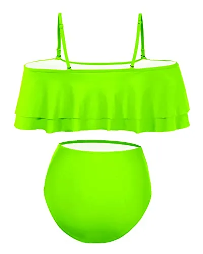 Stylish Off Shoulder High Waisted Bikini Set Swimsuit-Neon Green