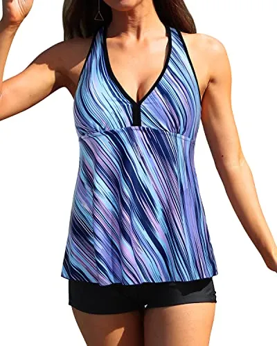 Stylish Swimwear V Neck And Racerback Tankini Top-Blue And Black Stripe