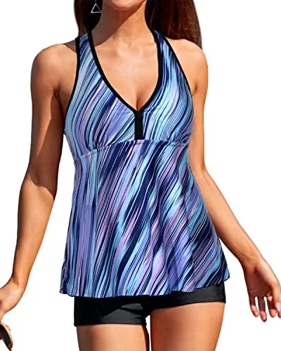 Stylish Swimwear V Neck And Racerback Tankini Top-Blue And Black Stripe