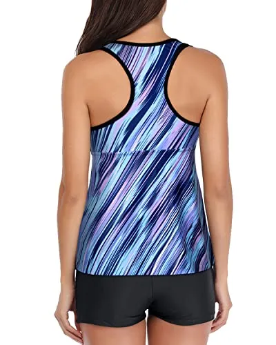 Stylish Swimwear V Neck And Racerback Tankini Top-Blue And Black Stripe