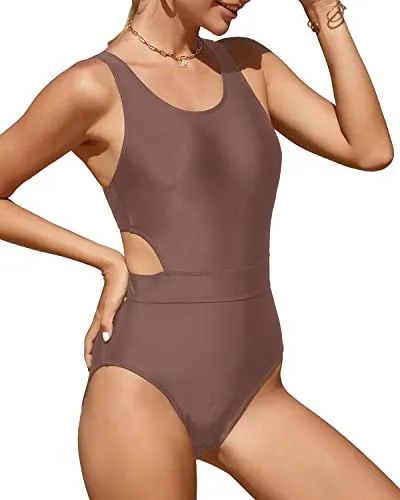 Stylish Teen Girls Tummy Control Cutout Monokini-Light Brown